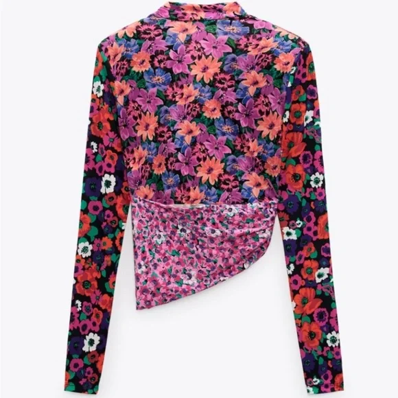 ZARA Floral Satin Long Sleeve Pink Purple Top Size Small - Picture 3 of 5